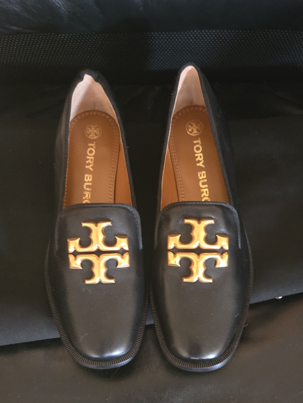 Tory Burch Black Leather Loafers with Gold Logo